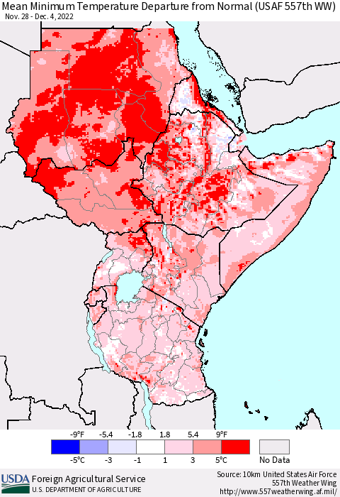 Eastern Africa Mean Minimum Temperature Departure from Normal (USAF 557th WW) Thematic Map For 11/28/2022 - 12/4/2022