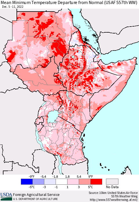 Eastern Africa Mean Minimum Temperature Departure from Normal (USAF 557th WW) Thematic Map For 12/5/2022 - 12/11/2022