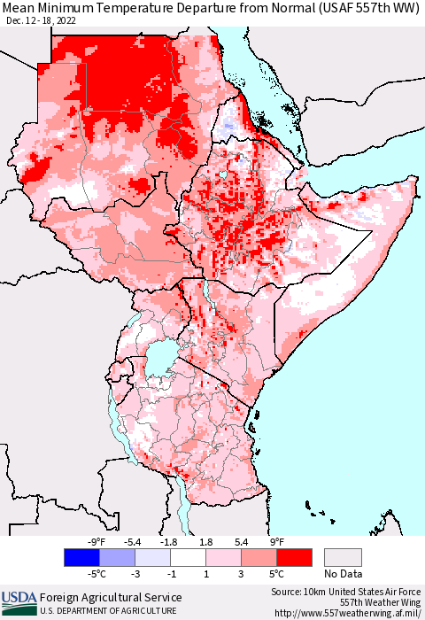 Eastern Africa Mean Minimum Temperature Departure from Normal (USAF 557th WW) Thematic Map For 12/12/2022 - 12/18/2022