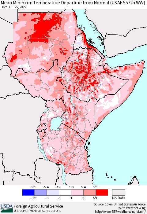 Eastern Africa Mean Minimum Temperature Departure from Normal (USAF 557th WW) Thematic Map For 12/19/2022 - 12/25/2022