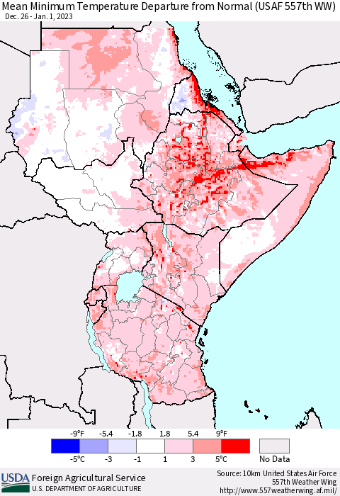 Eastern Africa Mean Minimum Temperature Departure from Normal (USAF 557th WW) Thematic Map For 12/26/2022 - 1/1/2023