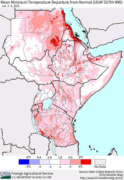 Eastern Africa Mean Minimum Temperature Departure from Normal (USAF 557th WW) Thematic Map For 1/2/2023 - 1/8/2023