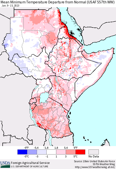 Eastern Africa Mean Minimum Temperature Departure from Normal (USAF 557th WW) Thematic Map For 1/9/2023 - 1/15/2023