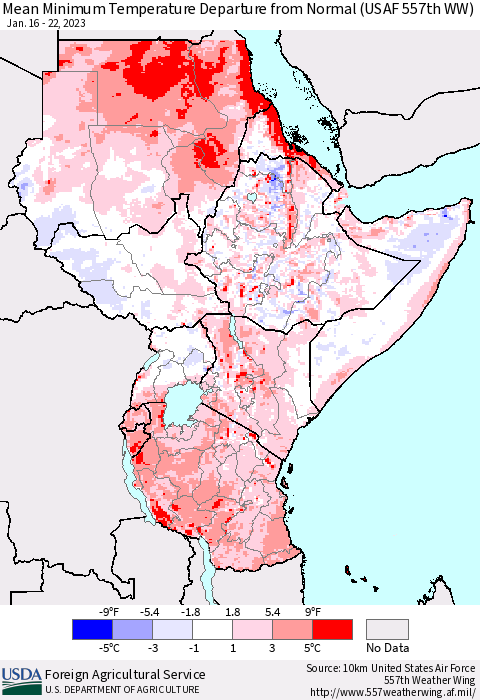 Eastern Africa Mean Minimum Temperature Departure from Normal (USAF 557th WW) Thematic Map For 1/16/2023 - 1/22/2023