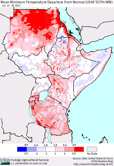 Eastern Africa Mean Minimum Temperature Departure from Normal (USAF 557th WW) Thematic Map For 1/23/2023 - 1/29/2023