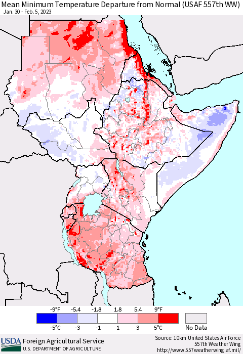Eastern Africa Mean Minimum Temperature Departure from Normal (USAF 557th WW) Thematic Map For 1/30/2023 - 2/5/2023
