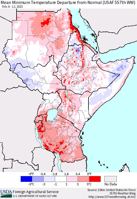 Eastern Africa Mean Minimum Temperature Departure from Normal (USAF 557th WW) Thematic Map For 2/6/2023 - 2/12/2023
