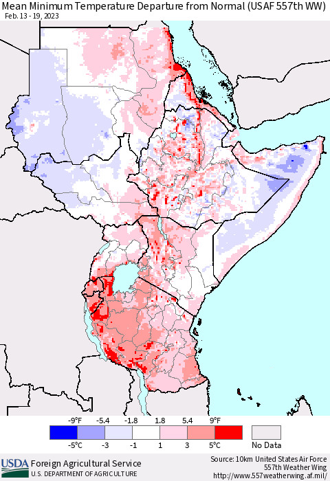 Eastern Africa Mean Minimum Temperature Departure from Normal (USAF 557th WW) Thematic Map For 2/13/2023 - 2/19/2023