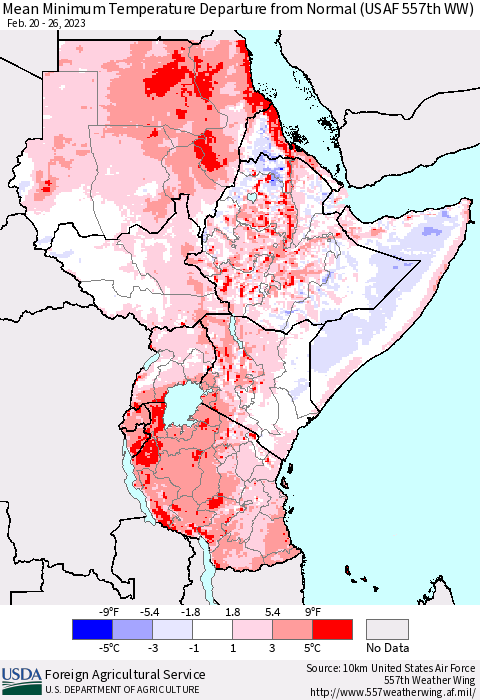 Eastern Africa Mean Minimum Temperature Departure from Normal (USAF 557th WW) Thematic Map For 2/20/2023 - 2/26/2023