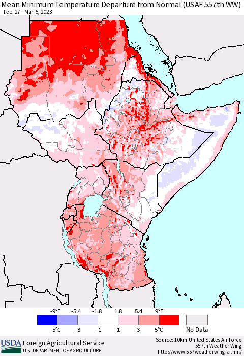 Eastern Africa Mean Minimum Temperature Departure from Normal (USAF 557th WW) Thematic Map For 2/27/2023 - 3/5/2023