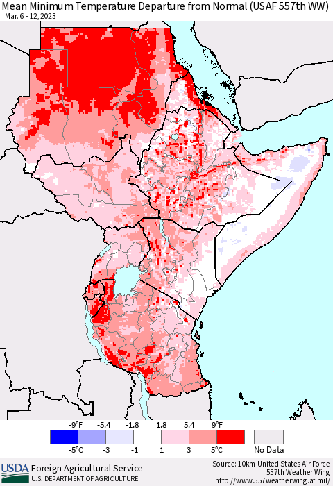 Eastern Africa Mean Minimum Temperature Departure from Normal (USAF 557th WW) Thematic Map For 3/6/2023 - 3/12/2023