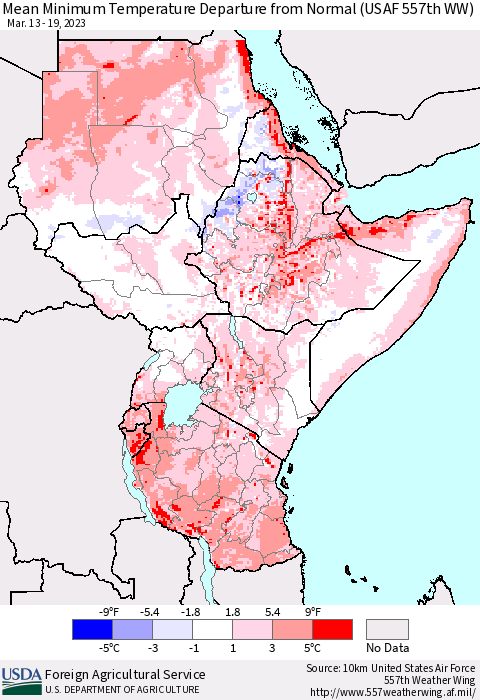 Eastern Africa Mean Minimum Temperature Departure from Normal (USAF 557th WW) Thematic Map For 3/13/2023 - 3/19/2023