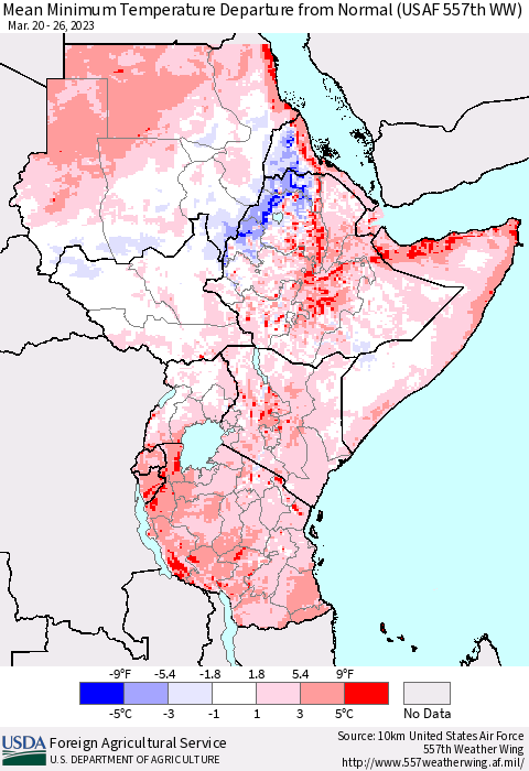 Eastern Africa Mean Minimum Temperature Departure from Normal (USAF 557th WW) Thematic Map For 3/20/2023 - 3/26/2023