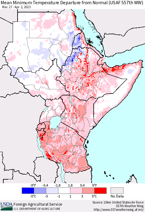 Eastern Africa Mean Minimum Temperature Departure from Normal (USAF 557th WW) Thematic Map For 3/27/2023 - 4/2/2023
