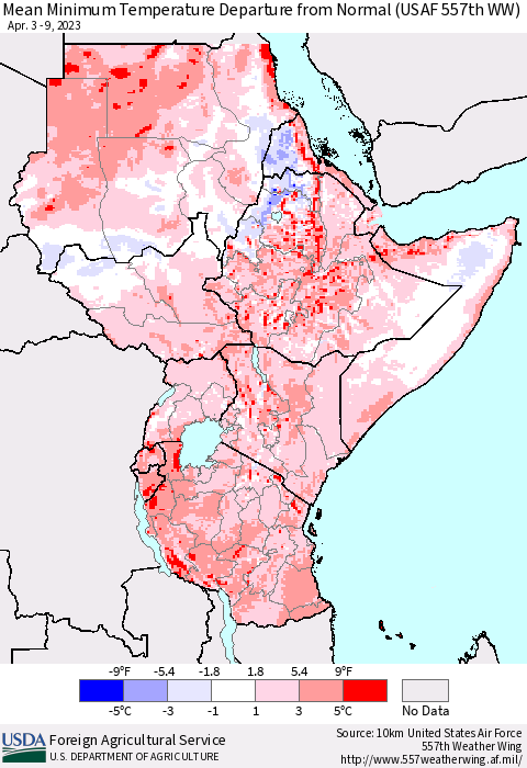 Eastern Africa Mean Minimum Temperature Departure from Normal (USAF 557th WW) Thematic Map For 4/3/2023 - 4/9/2023