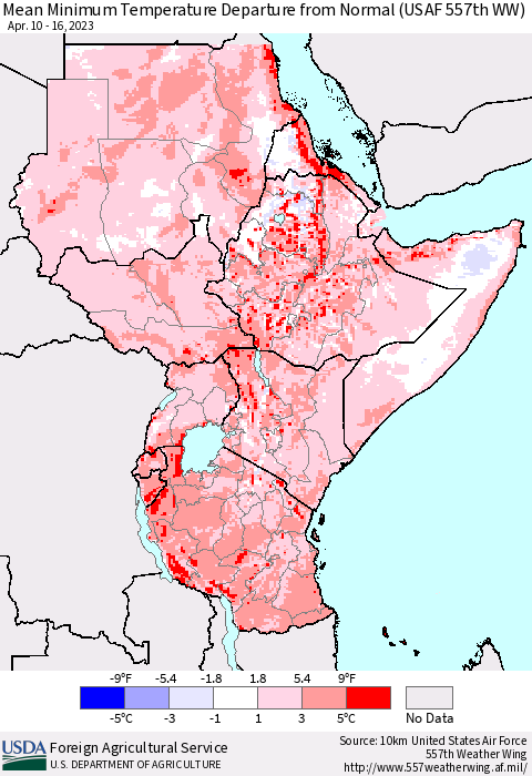 Eastern Africa Mean Minimum Temperature Departure from Normal (USAF 557th WW) Thematic Map For 4/10/2023 - 4/16/2023