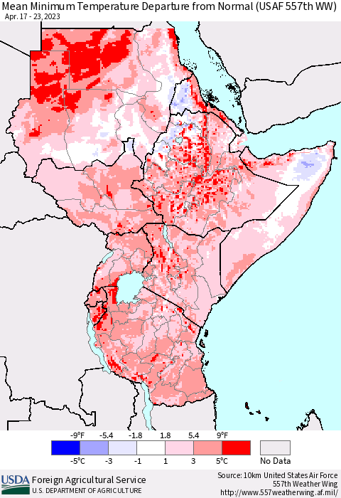 Eastern Africa Mean Minimum Temperature Departure from Normal (USAF 557th WW) Thematic Map For 4/17/2023 - 4/23/2023