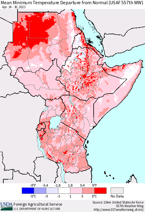 Eastern Africa Mean Minimum Temperature Departure from Normal (USAF 557th WW) Thematic Map For 4/24/2023 - 4/30/2023