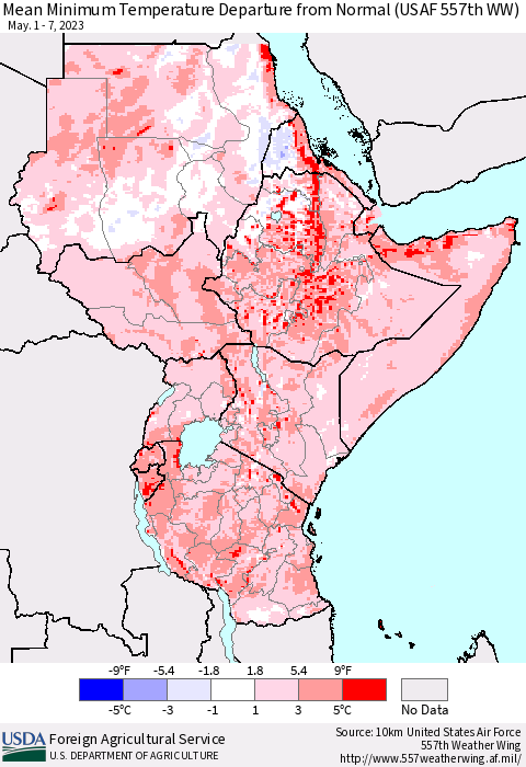 Eastern Africa Mean Minimum Temperature Departure from Normal (USAF 557th WW) Thematic Map For 5/1/2023 - 5/7/2023