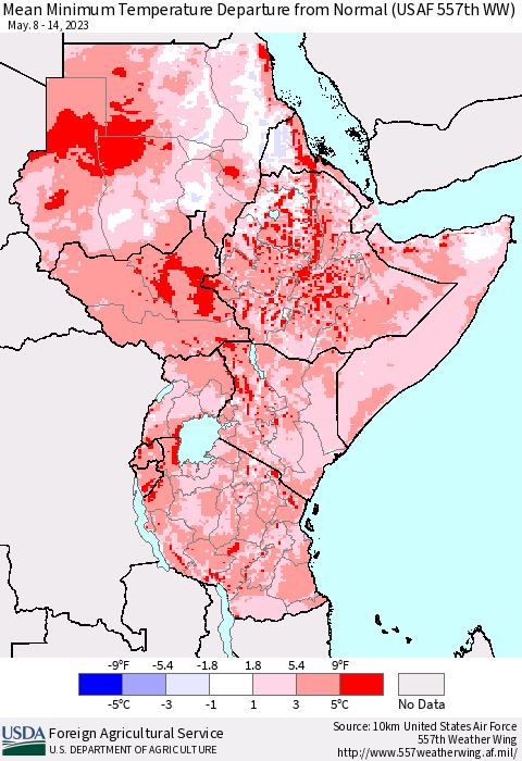 Eastern Africa Mean Minimum Temperature Departure from Normal (USAF 557th WW) Thematic Map For 5/8/2023 - 5/14/2023