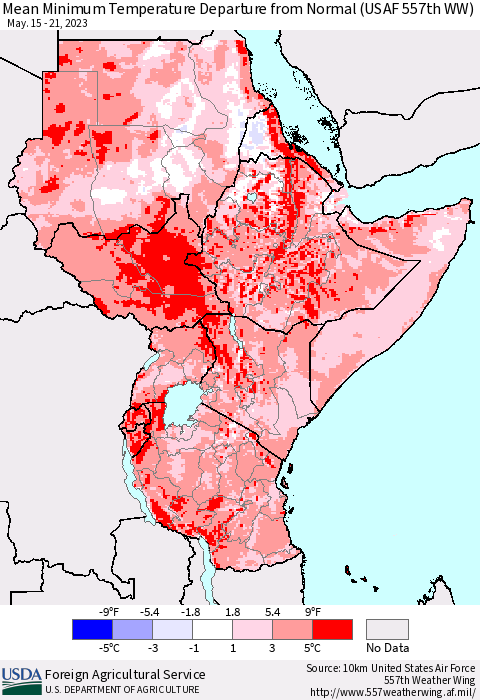 Eastern Africa Mean Minimum Temperature Departure from Normal (USAF 557th WW) Thematic Map For 5/15/2023 - 5/21/2023