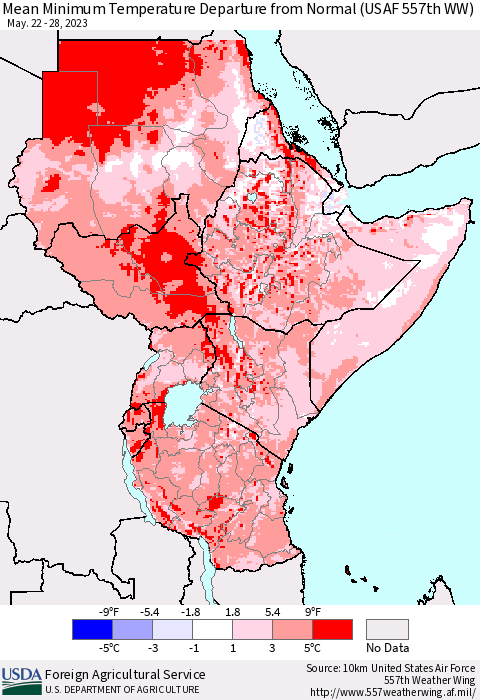 Eastern Africa Mean Minimum Temperature Departure from Normal (USAF 557th WW) Thematic Map For 5/22/2023 - 5/28/2023