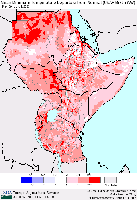 Eastern Africa Mean Minimum Temperature Departure from Normal (USAF 557th WW) Thematic Map For 5/29/2023 - 6/4/2023