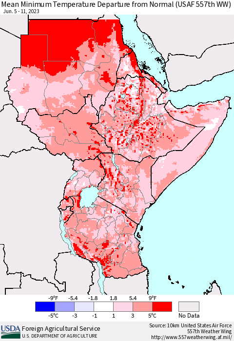 Eastern Africa Mean Minimum Temperature Departure from Normal (USAF 557th WW) Thematic Map For 6/5/2023 - 6/11/2023