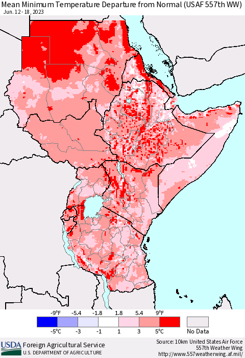 Eastern Africa Mean Minimum Temperature Departure from Normal (USAF 557th WW) Thematic Map For 6/12/2023 - 6/18/2023