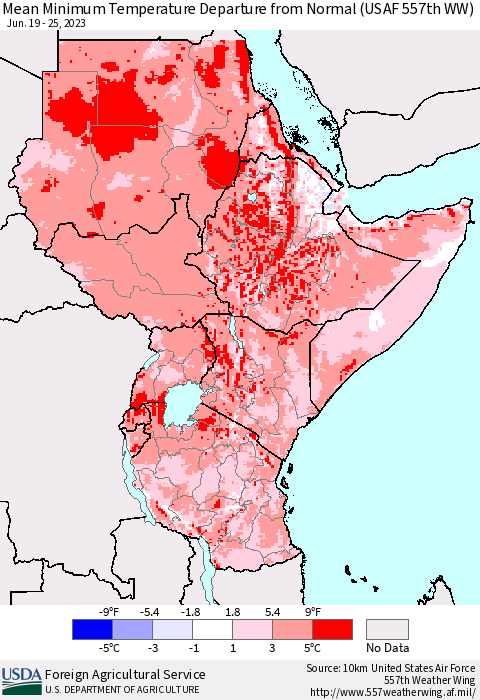 Eastern Africa Mean Minimum Temperature Departure from Normal (USAF 557th WW) Thematic Map For 6/19/2023 - 6/25/2023