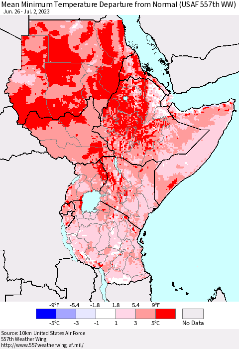 Eastern Africa Mean Minimum Temperature Departure from Normal (USAF 557th WW) Thematic Map For 6/26/2023 - 7/2/2023