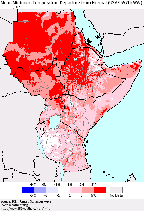Eastern Africa Mean Minimum Temperature Departure from Normal (USAF 557th WW) Thematic Map For 7/3/2023 - 7/9/2023
