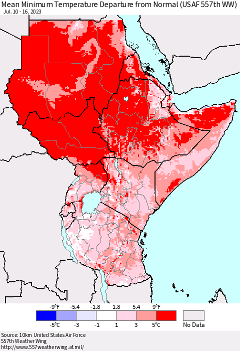 Eastern Africa Mean Minimum Temperature Departure from Normal (USAF 557th WW) Thematic Map For 7/10/2023 - 7/16/2023