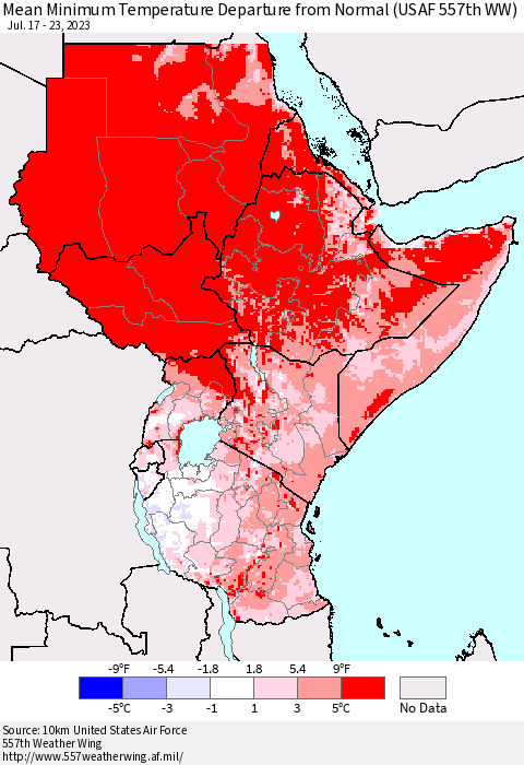 Eastern Africa Mean Minimum Temperature Departure from Normal (USAF 557th WW) Thematic Map For 7/17/2023 - 7/23/2023