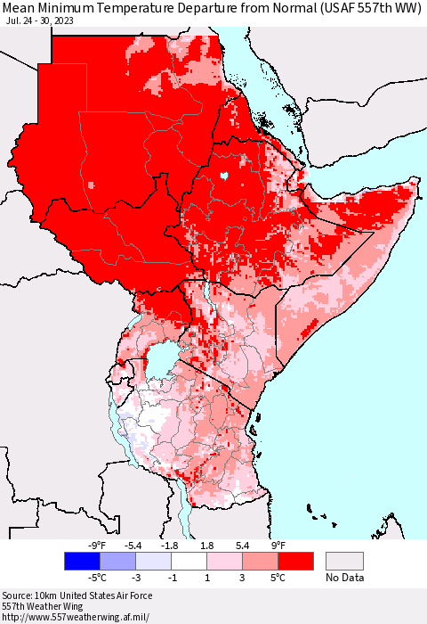 Eastern Africa Mean Minimum Temperature Departure from Normal (USAF 557th WW) Thematic Map For 7/24/2023 - 7/30/2023