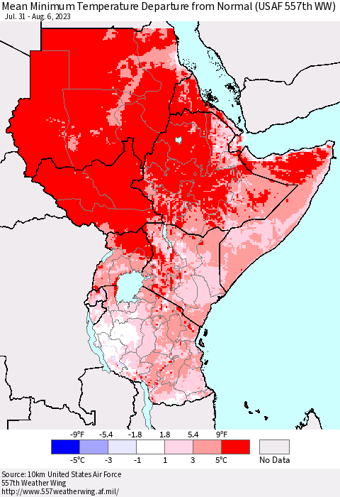 Eastern Africa Mean Minimum Temperature Departure from Normal (USAF 557th WW) Thematic Map For 7/31/2023 - 8/6/2023