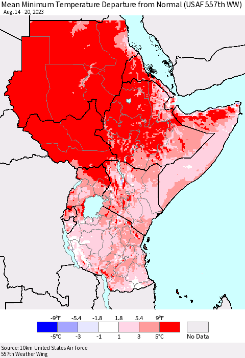 Eastern Africa Mean Minimum Temperature Departure from Normal (USAF 557th WW) Thematic Map For 8/14/2023 - 8/20/2023