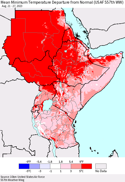 Eastern Africa Mean Minimum Temperature Departure from Normal (USAF 557th WW) Thematic Map For 8/21/2023 - 8/27/2023
