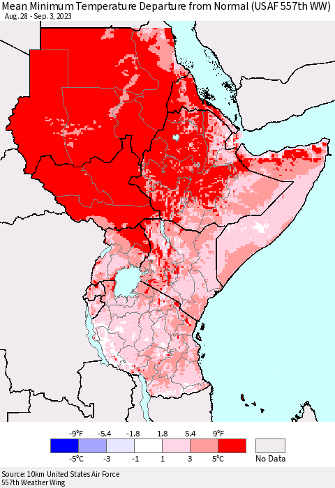Eastern Africa Mean Minimum Temperature Departure from Normal (USAF 557th WW) Thematic Map For 8/28/2023 - 9/3/2023