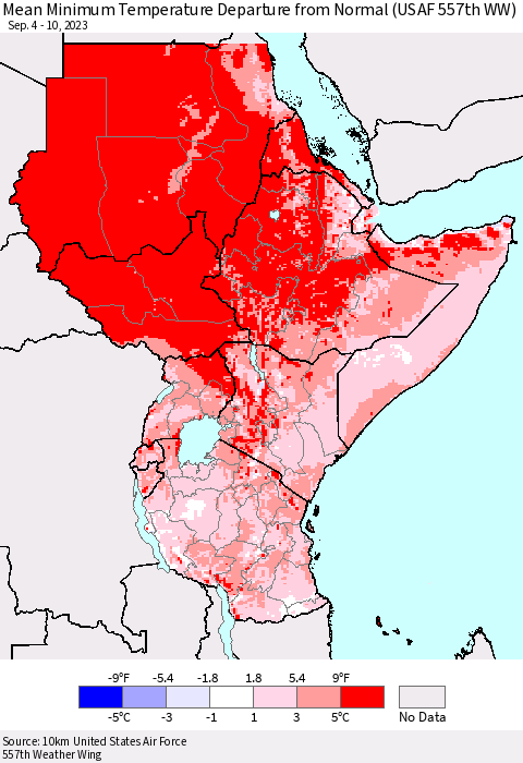 Eastern Africa Mean Minimum Temperature Departure from Normal (USAF 557th WW) Thematic Map For 9/4/2023 - 9/10/2023