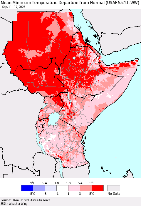 Eastern Africa Mean Minimum Temperature Departure from Normal (USAF 557th WW) Thematic Map For 9/11/2023 - 9/17/2023