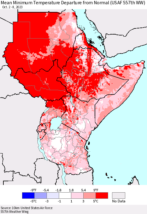 Eastern Africa Mean Minimum Temperature Departure from Normal (USAF 557th WW) Thematic Map For 10/2/2023 - 10/8/2023