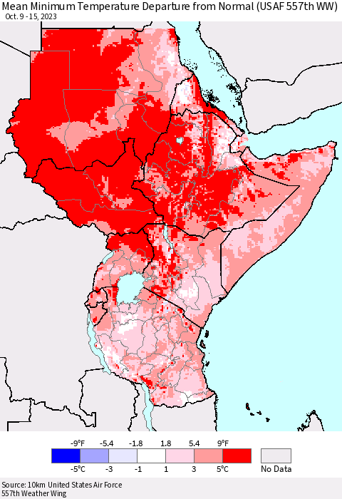 Eastern Africa Mean Minimum Temperature Departure from Normal (USAF 557th WW) Thematic Map For 10/9/2023 - 10/15/2023