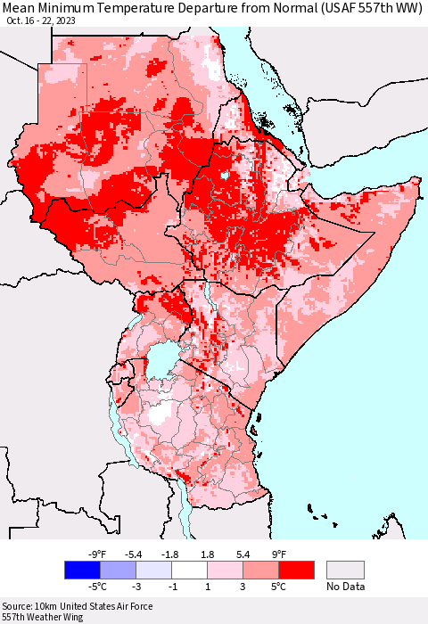 Eastern Africa Mean Minimum Temperature Departure from Normal (USAF 557th WW) Thematic Map For 10/16/2023 - 10/22/2023