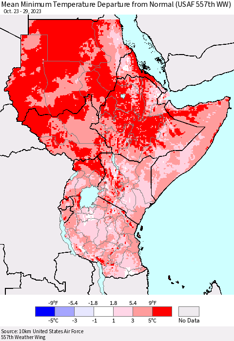 Eastern Africa Mean Minimum Temperature Departure from Normal (USAF 557th WW) Thematic Map For 10/23/2023 - 10/29/2023