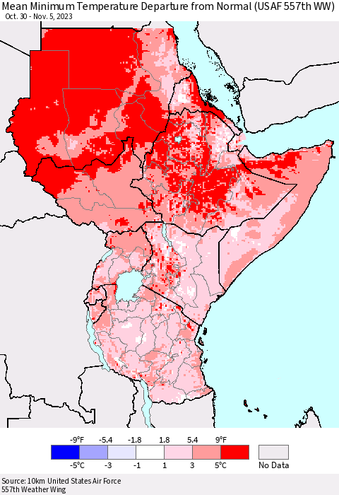 Eastern Africa Mean Minimum Temperature Departure from Normal (USAF 557th WW) Thematic Map For 10/30/2023 - 11/5/2023