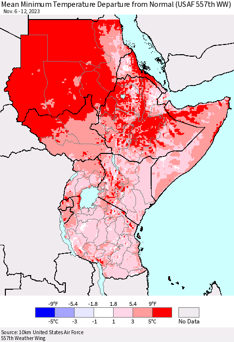 Eastern Africa Mean Minimum Temperature Departure from Normal (USAF 557th WW) Thematic Map For 11/6/2023 - 11/12/2023