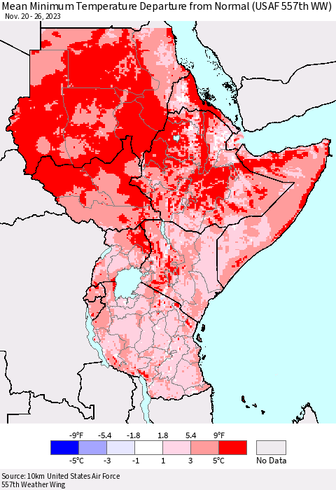 Eastern Africa Mean Minimum Temperature Departure from Normal (USAF 557th WW) Thematic Map For 11/20/2023 - 11/26/2023