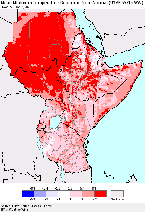 Eastern Africa Mean Minimum Temperature Departure from Normal (USAF 557th WW) Thematic Map For 11/27/2023 - 12/3/2023