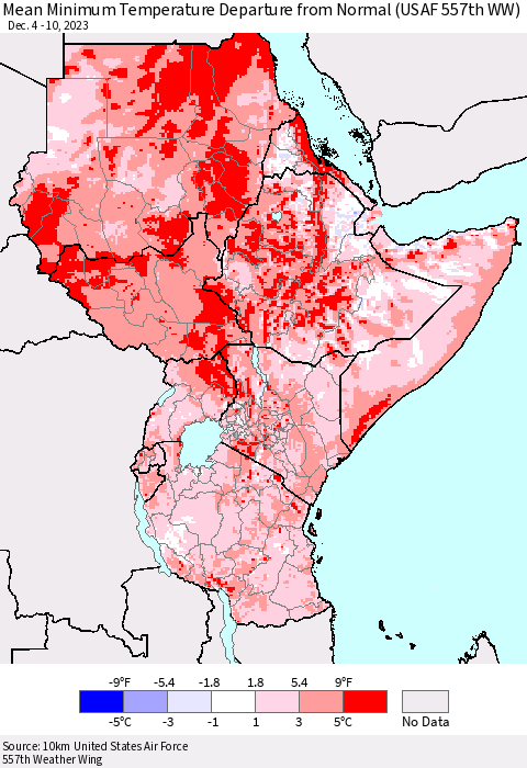 Eastern Africa Mean Minimum Temperature Departure from Normal (USAF 557th WW) Thematic Map For 12/4/2023 - 12/10/2023